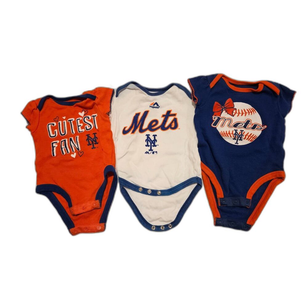 Three MLB New York Mets Short Sleeve Baby Bodysuits, Size 3-6 Months